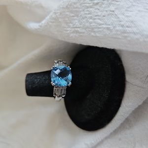 Blue stone with clear baguettes ring, size 7+, sterling silver
